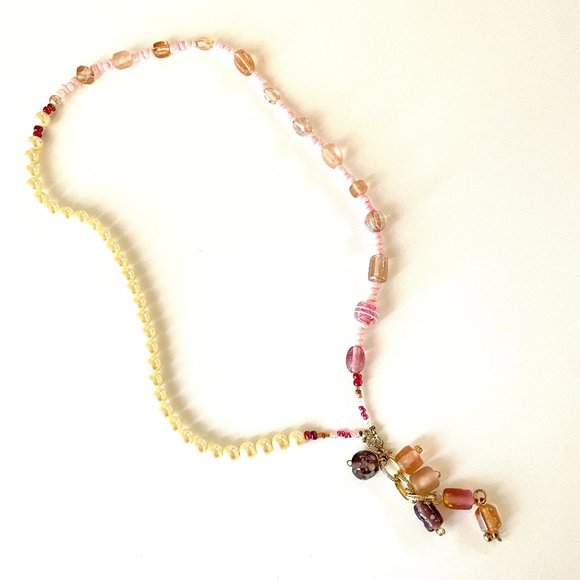 "Candy Summer II" Pearls and Pink Glass Necklace Gold Toggle Clamp - Picture 2 of 5